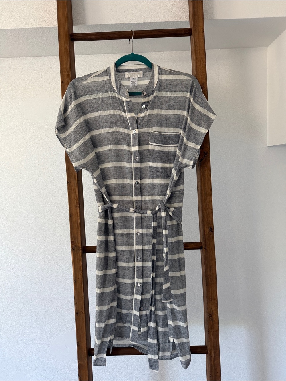 Corey Lynn Calter Gray and White Striped Midi Shirt Dress